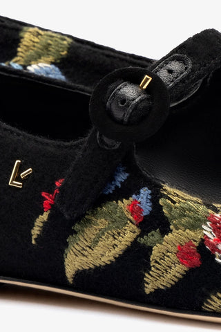 Larroudé x Markarian Flat In Black Wool and Floral Embroidery