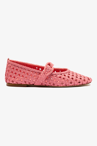 A single sorbet pink leather ballet flat with macrame detailing and a heart buckle strap.