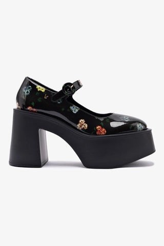 Larroudé x Libertine Olivia Pump In Black Patent and Printed Pansies