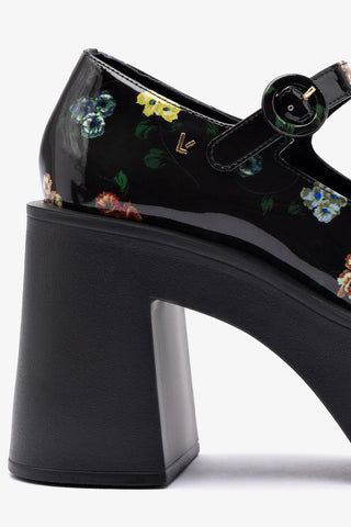 Larroudé x Libertine Olivia Pump In Black Patent and Printed Pansies