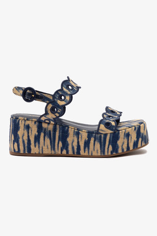 Florence Broderie Flatform Sandal In Tie Dye Beige and Navy Raffia