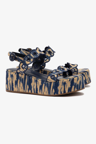 Florence Broderie Flatform Sandal In Tie Dye Beige and Navy Raffia