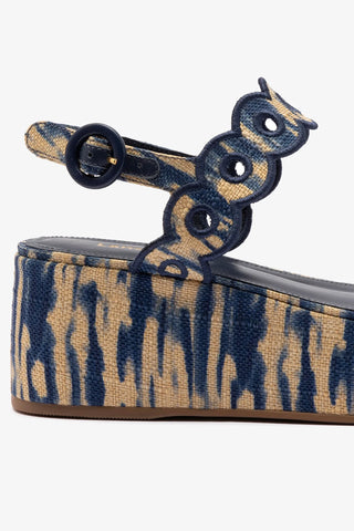 Florence Broderie Flatform Sandal In Tie Dye Beige and Navy Raffia