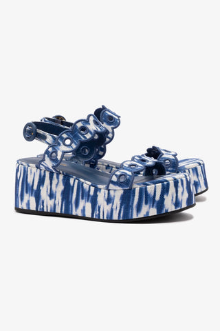 Florence Broderie Flatform Sandal In Tie Dye Blue Raffia