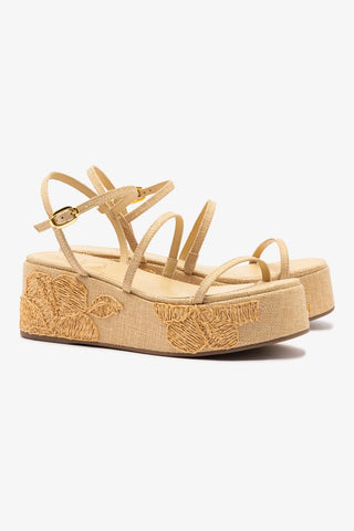 Gio Flatform In Beige Raffia and Hibiscus Embroidery