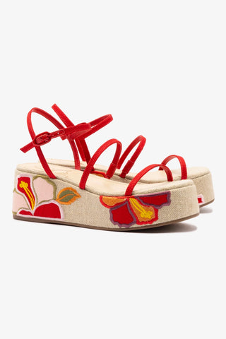 Gio Milanina Flatform Sandal In Scarlet Raffia and Hibiscus Embroidery