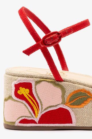 Gio Milanina Flatform Sandal In Scarlet Raffia and Hibiscus Embroidery