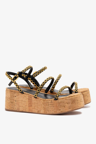 Gio Milanina Flatform In Black Patent Leather and Natural Cork Sandal Larroudé