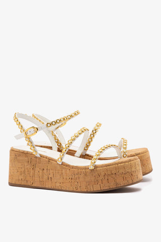 Gio Milanina Flatform In White Patent Leather and Natural Cork Sandal Larroudé