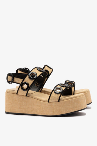 Milan Flatform In Beige Raffia and Black Trimming