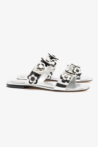 Larroudé x Gabriela Noelle: Blossom Flat Sandal In Silver Specchio and Black and White Acrylic