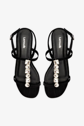 Calypso Flat Sandal In Black Fabric and Crystals