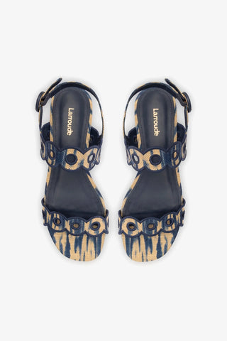 Florence Broderie Flat Sandal In Tie Dye Beige and Navy Raffia