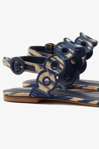 Florence Broderie Flat Sandal In Tie Dye Beige and Navy Raffia