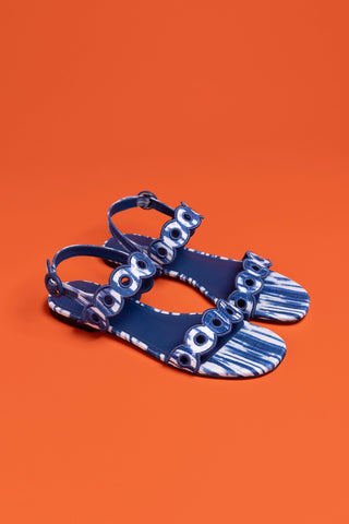 Florence Broderie Flat Sandal In Tie Dye Blue Raffia