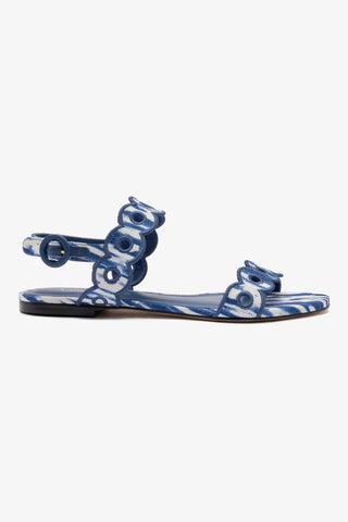 Florence Broderie Flat Sandal In Tie Dye Blue Raffia