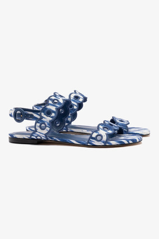 Florence Broderie Flat Sandal In Tie Dye Blue Raffia