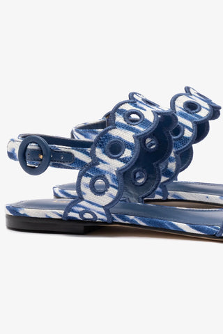 Florence Broderie Flat Sandal In Tie Dye Blue Raffia