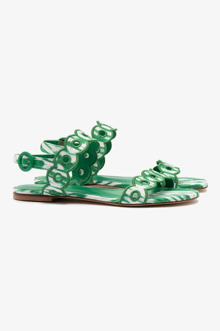 Florence Broderie Flat Sandal In Tie Dye Evergreen Raffia