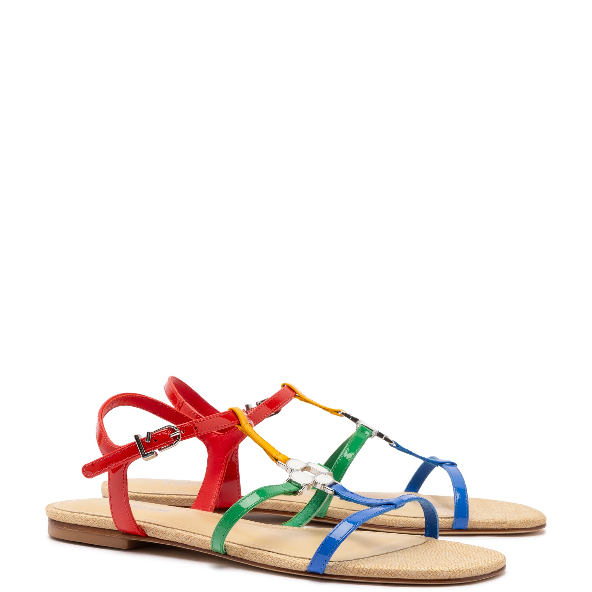 Hana Flat Sandal In Multicolor Patent Leather and Raffia