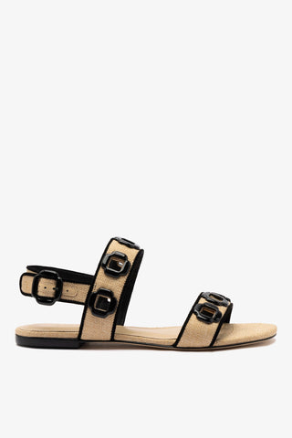 Milan Flat Sandal In Beige Raffia and Black Trimming