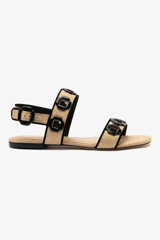 Milan Flat Sandal In Beige Raffia and Black Trimming