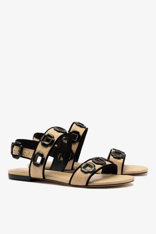 Milan Flat Sandal In Beige Raffia and Black Trimming Flat - Sandal Larroudé