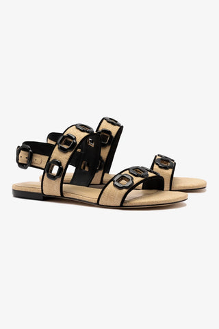 Milan Flat Sandal In Beige Raffia and Black Trimming