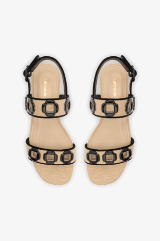 Milan Flat Sandal In Beige Raffia and Black Trimming