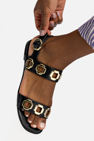 Milan Flat Sandal In Black Leather Flat - Sandal Larroudé