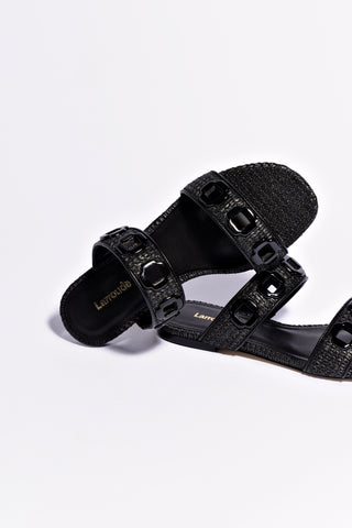 Milan Flat Mule In Black Wave Raffia