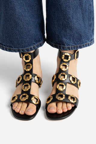 Milan Gladiator Flat In Black Leather Flat - Sandal Larroudé