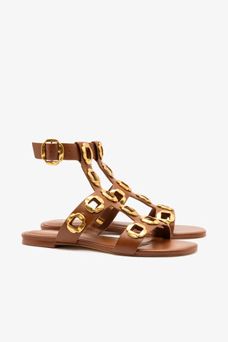 Milan Gladiator Flat In Caramel Leather Flat - Sandal Larroudé