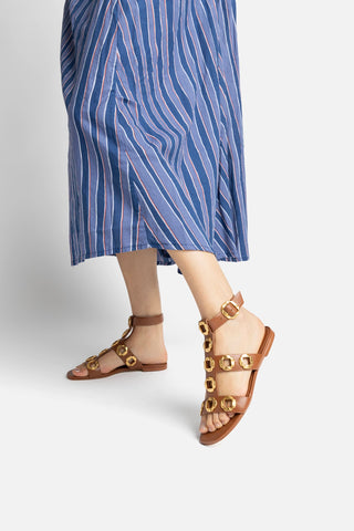 Milan Gladiator Flat In Caramel Leather Flat - Sandal Larroudé