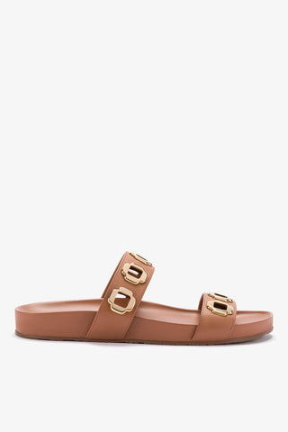 Milan Slide In Caramel Leather Flat - Sandal Larroudé