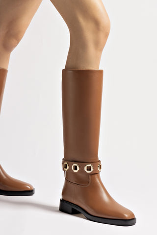 Milan Flat Boot In Caramel Leather Boot Larroudé