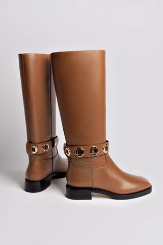 Milan Flat Boot In Caramel Leather Boot Larroudé
