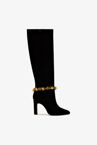 Larroudé x Libertine Boot In Black Suede Leather and Golden Balls