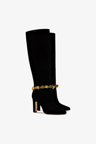 Larroudé x Libertine Boot In Black Suede Leather and Golden Balls