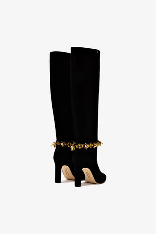 Larroudé x Libertine Boot In Black Suede Leather and Golden Balls