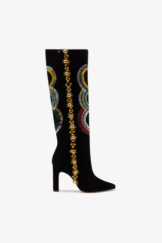 Larroudé x Libertine Boot In Black Suede and Rainbow Crystals