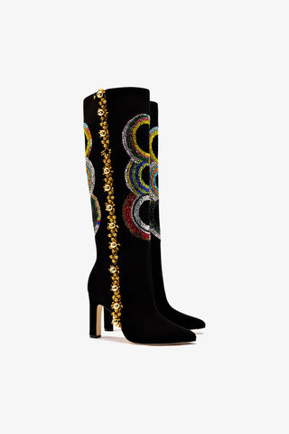 Larroudé x Libertine Boot In Black Suede and Rainbow Crystals