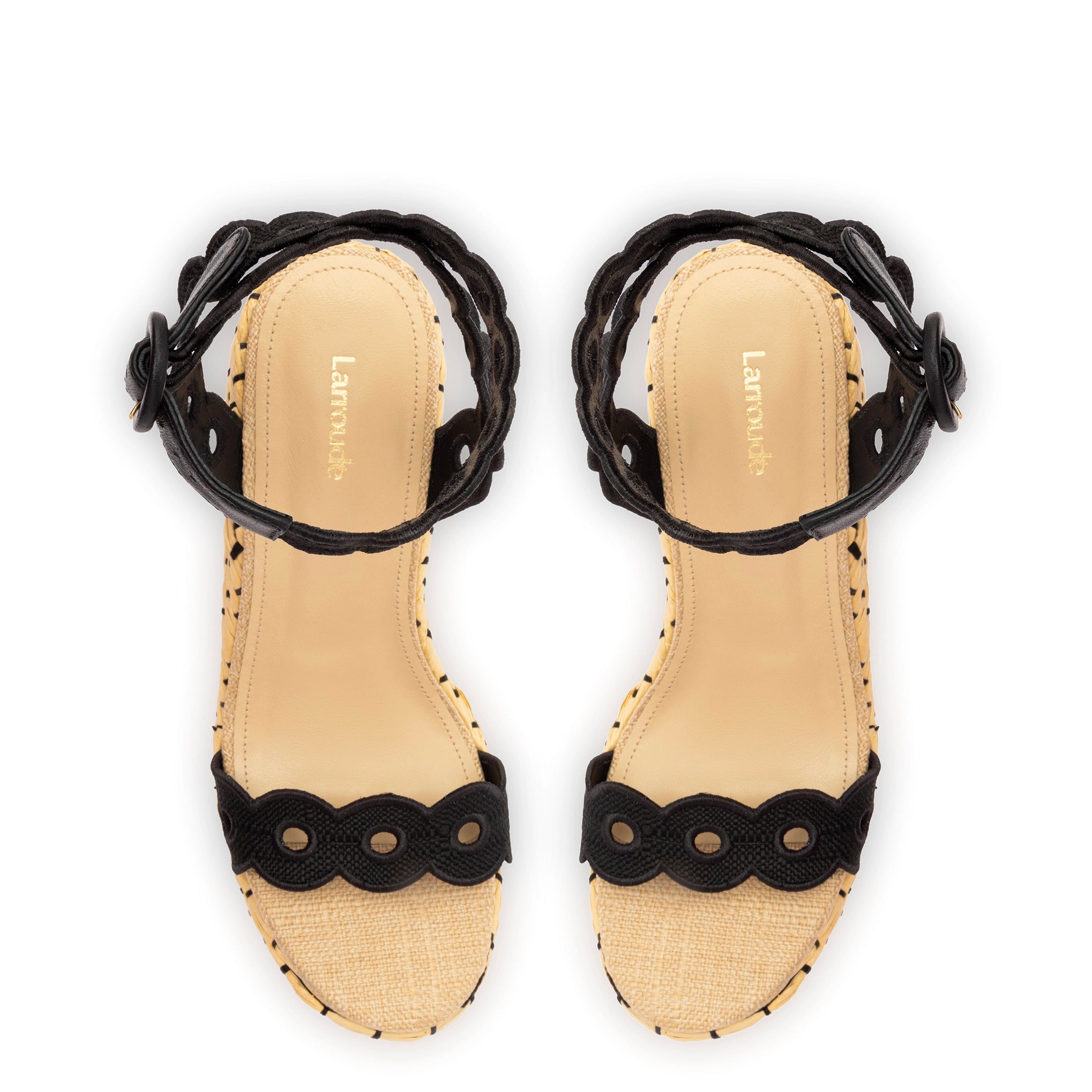 Florence Broderie Wedge In Beige and Black Raffia