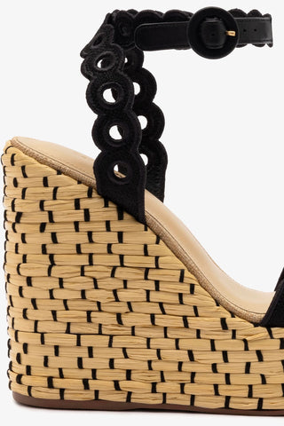 Florence Broderie Wedge In Beige and Black Raffia