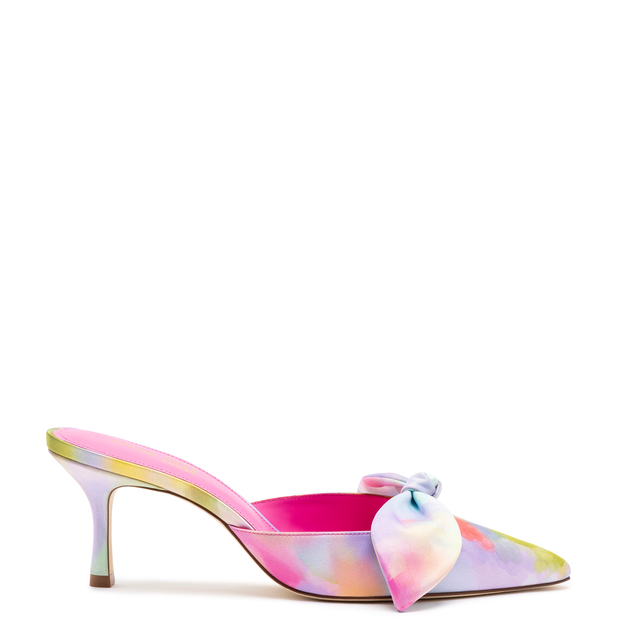 Larroudé for Jonathan Cohen: Tie Mule In Watercolor Colorful Satin