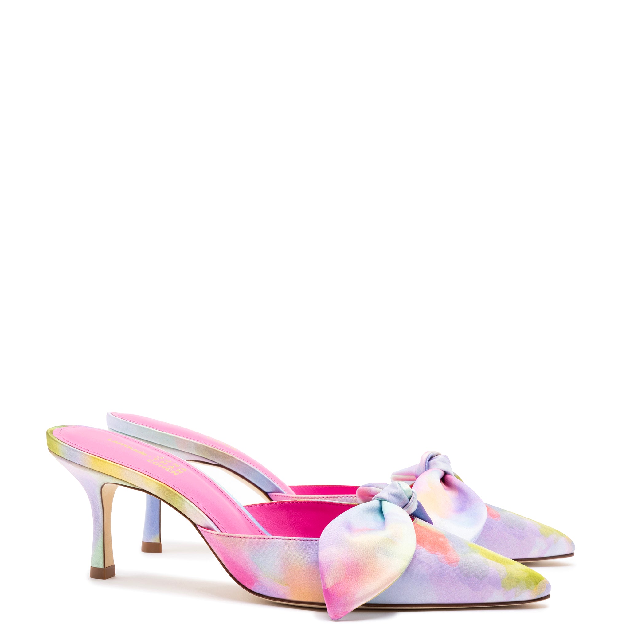 Larroudé for Jonathan Cohen: Tie Mule In Watercolor Colorful Satin