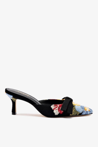 Larroudé x Markarian Mule In Black Wool and Floral Embroidery