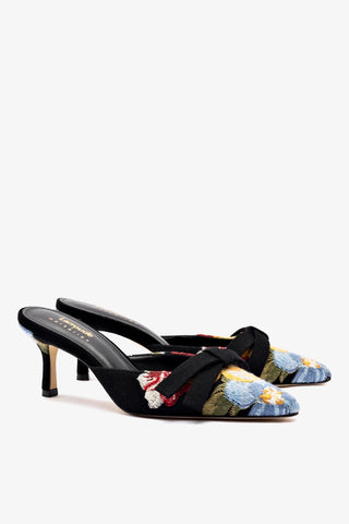 Larroudé x Markarian Mule In Black Wool and Floral Embroidery