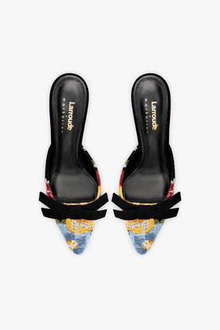 Larroudé x Markarian Mule In Black Wool and Floral Embroidery