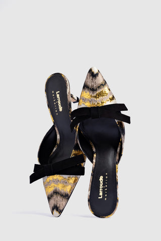 Larroudé x Markarian Mule In Floral Embroidery Gold Fabric